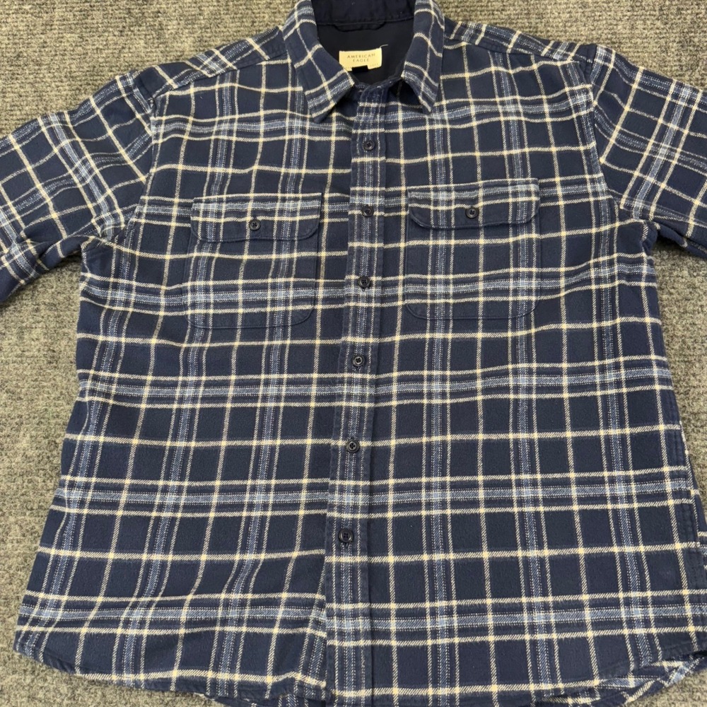 American Eagle‎ Plaid Flannel Long Sleeve Button Up Shirt Men's L Blue Beige